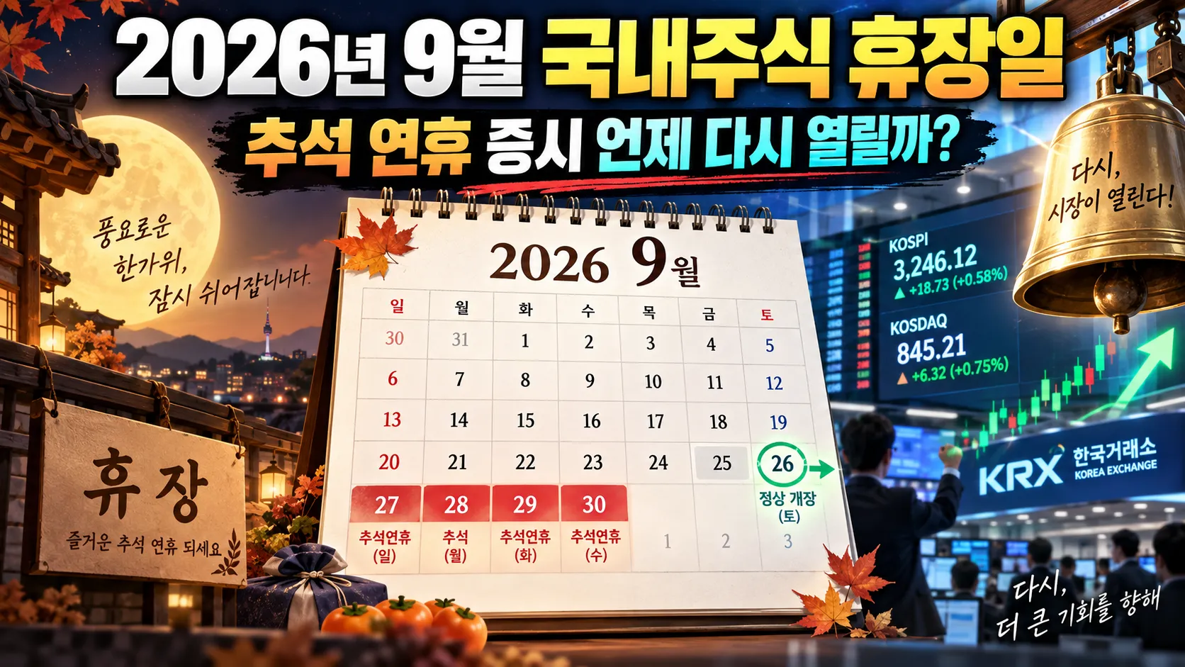 2026년 9월 국내주식 휴장일, 추석 연휴 증시 언제 다시 열릴까?