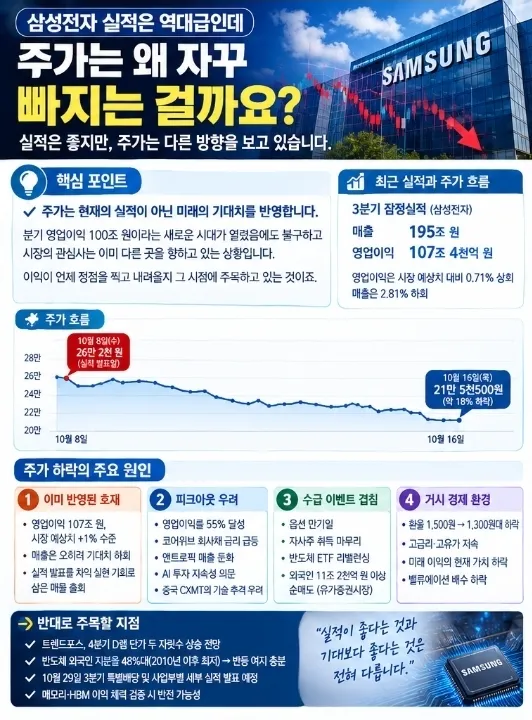 삼성전자 실적은 역대급인데  주가는 왜 자꾸 빠지는 걸까요.