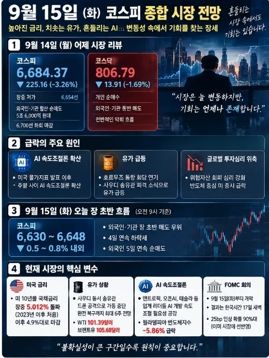  안녕하세요. 9월 15일 화요일 코스피 종합 시장 전망을 정리해 드립니다.