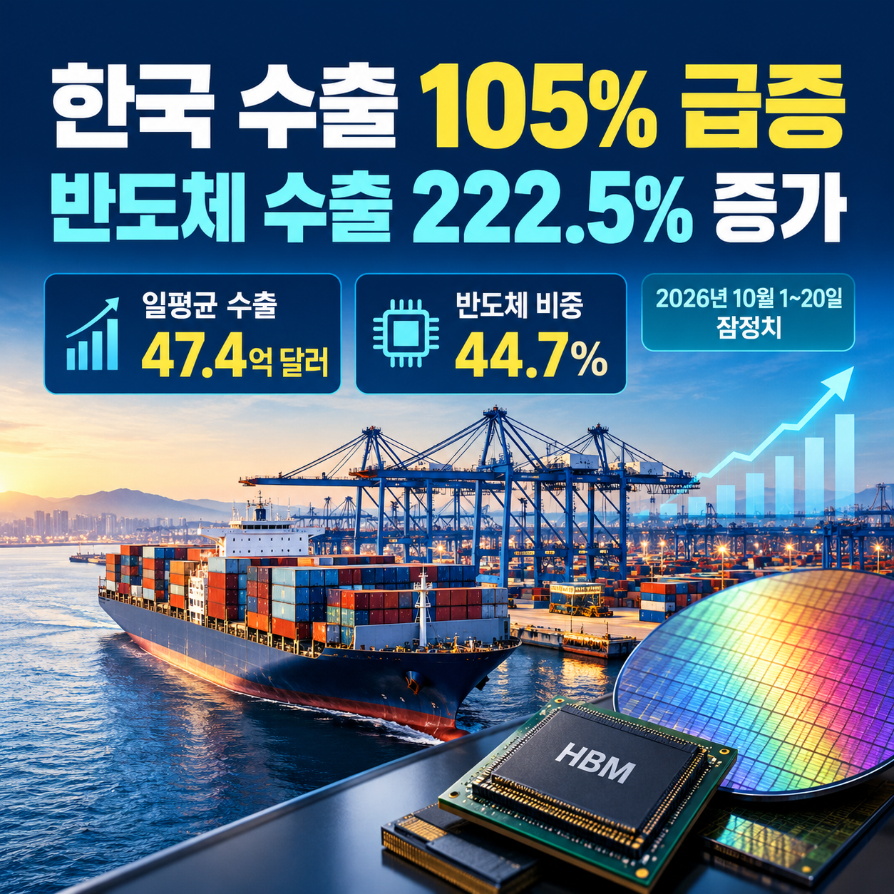 한국 수출 105.4% 급증, 반도체 수출 222.5% 증가…10월 무역흑자 145억 달러의 의미