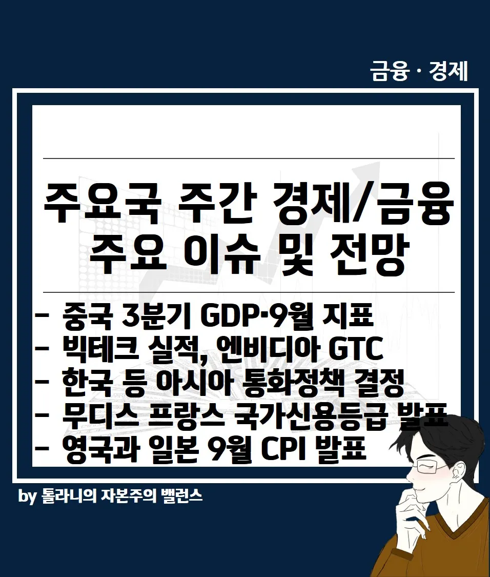 중국 3분기 GDP·9월 지표 등 주요 국가 주간 경제 및 금융 이슈